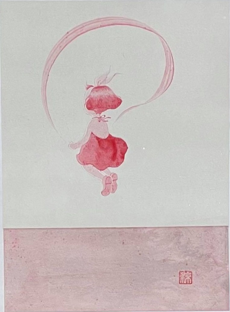 縄跳びをする女の子の水彩画