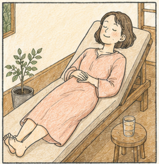 椅子に横たわってゆっくり休憩する様子