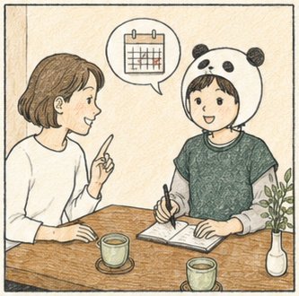 お茶を飲みながら次回の予約や会話を楽しむ様子